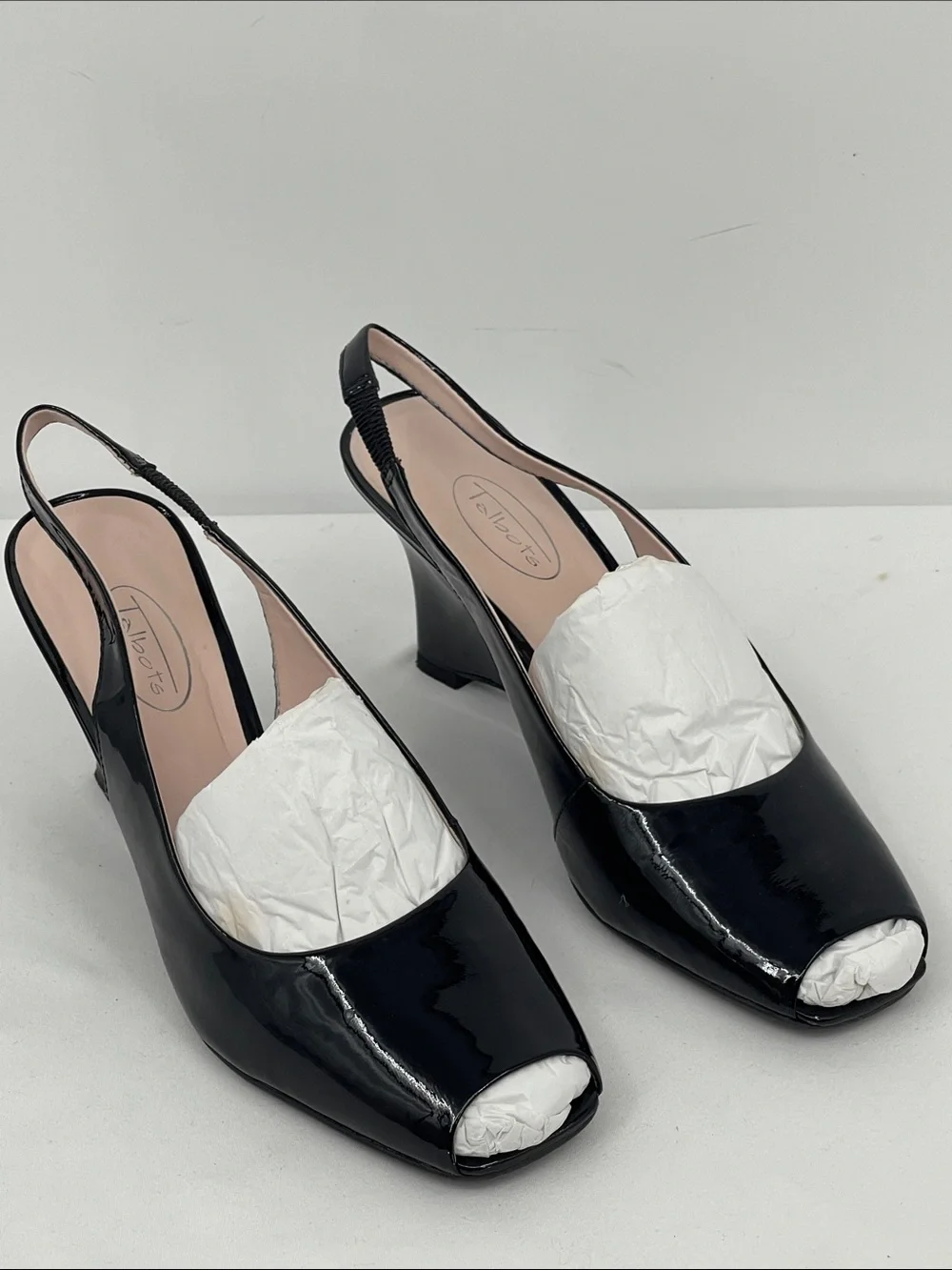 Talbots Black Patent Peep-Toe SIZE 8B LEATHER Slingback wedge Heels NWOT
